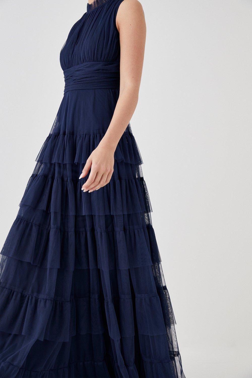 Coast Petite Tulle Tiered Frill Sleeve Bridesmaids Maxi Dress Navy image 2