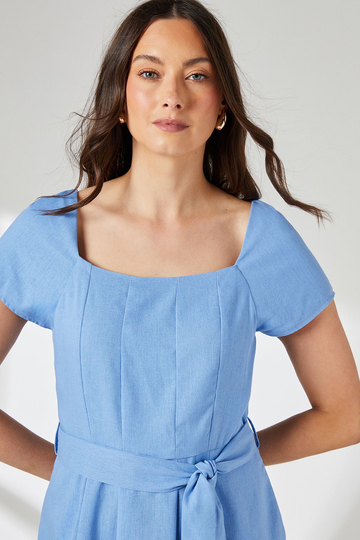 Principles Blue Square Neck Belted Linen Midi Dress Blue image 4