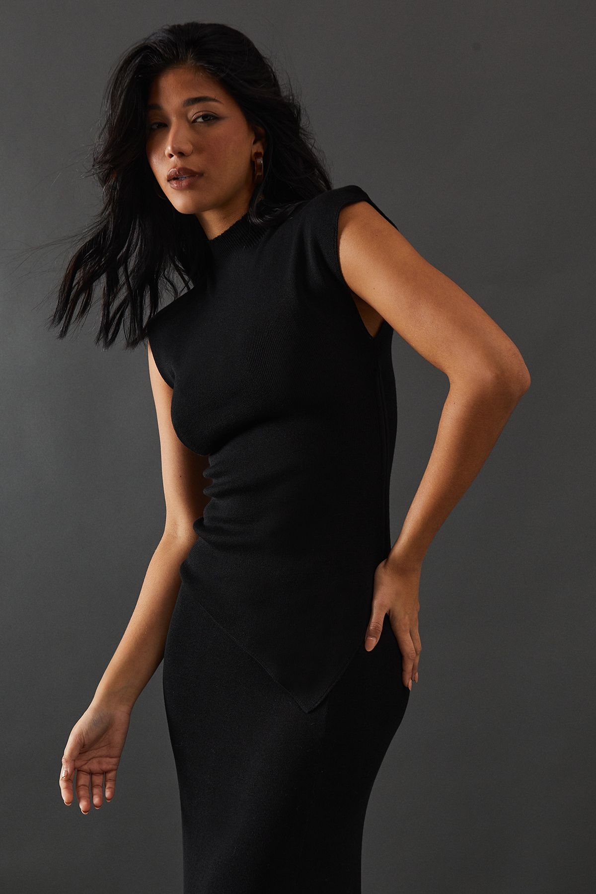 Warehouse Semi Sheer Ruched Side Button Back Detail Knitted Top Black image 4