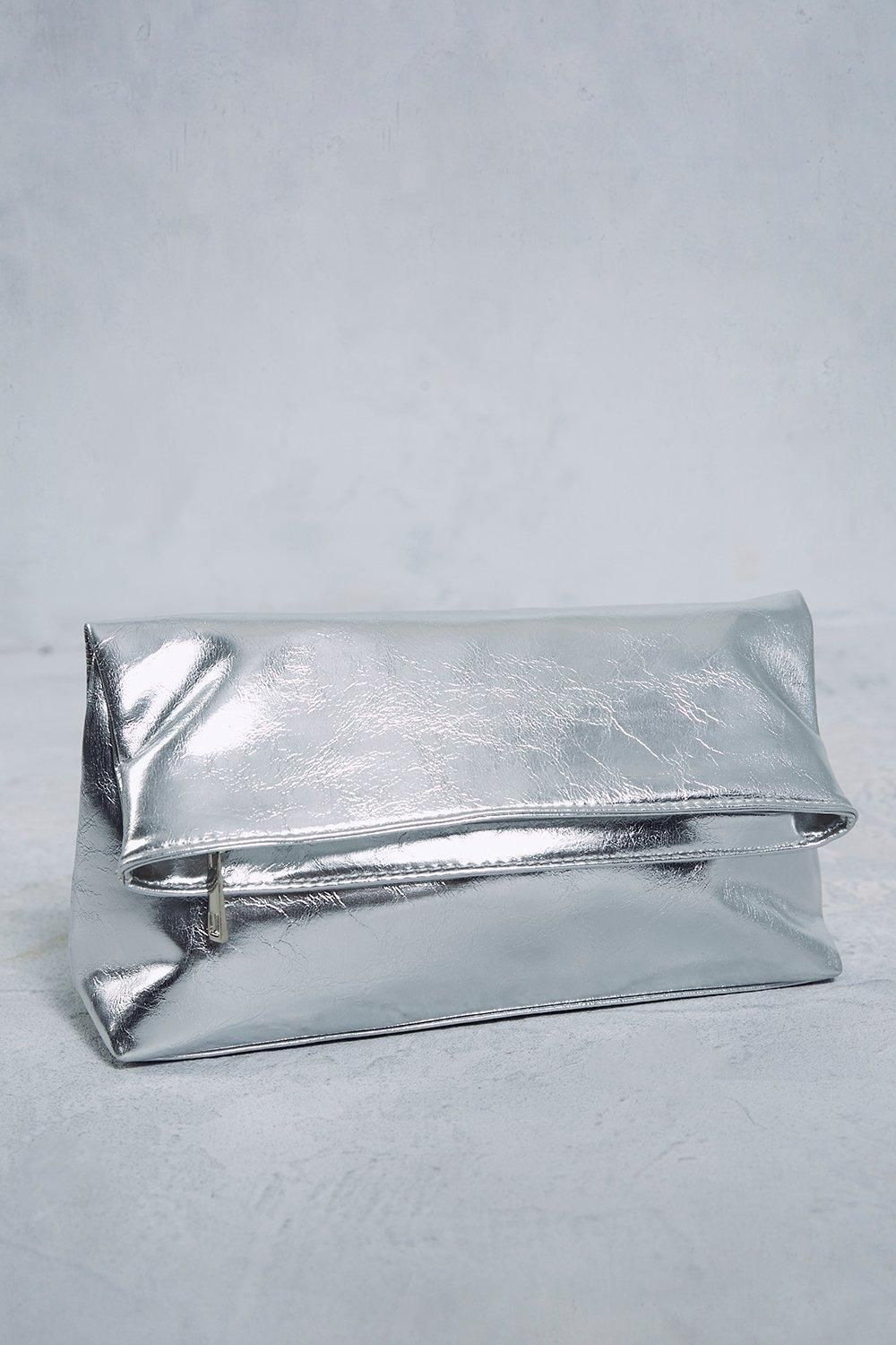 MissPap Metallic Fold Over Clutch Bag Silver image 2