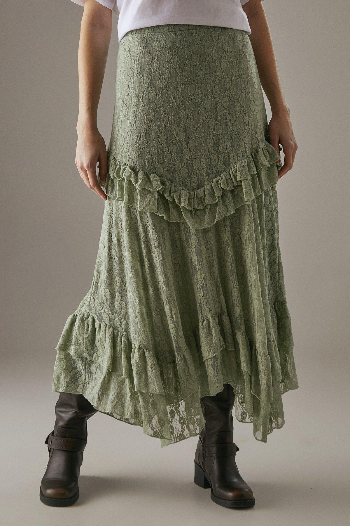 Warehouse Lace Ruffle Tier Maxi Skirt Khaki image 1