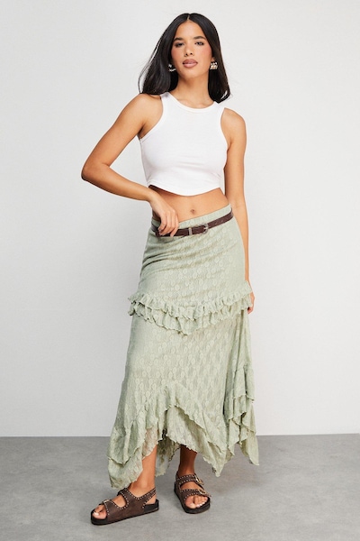 Warehouse Lace Ruffle Tier Maxi Skirt Khaki