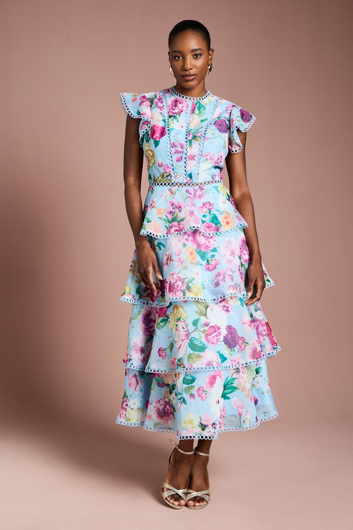 Coast Lace Trim Tiered Organza Midi Dress Pale Blue image 1