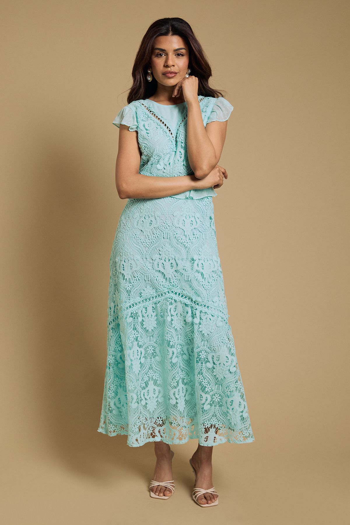 Oasis Petite Dobby Lace Detail Midaxi Dress Mint