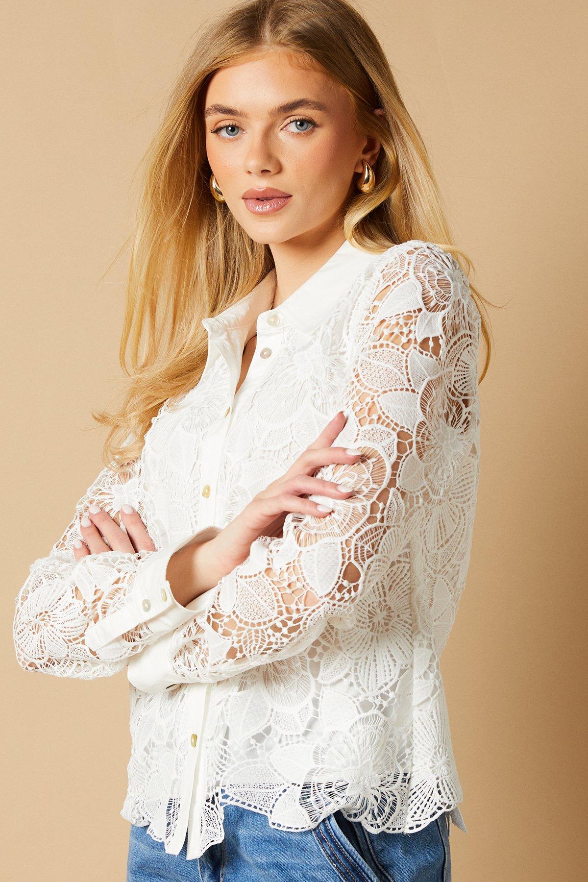 Oasis Premium Scallop Lace Collared Shirt White image 4