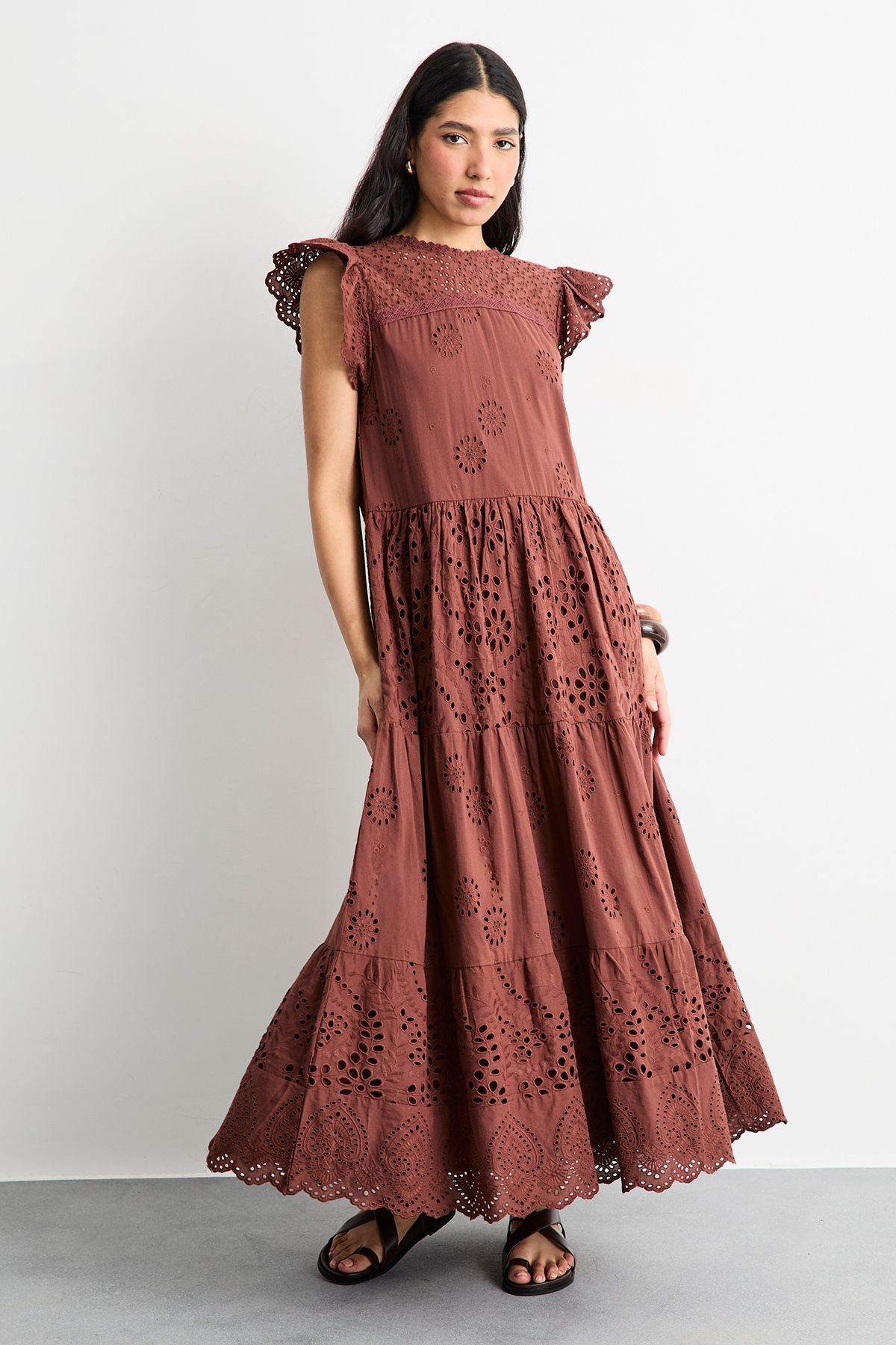 Warehouse Broderie Mix Tiered Midi Dress Brown