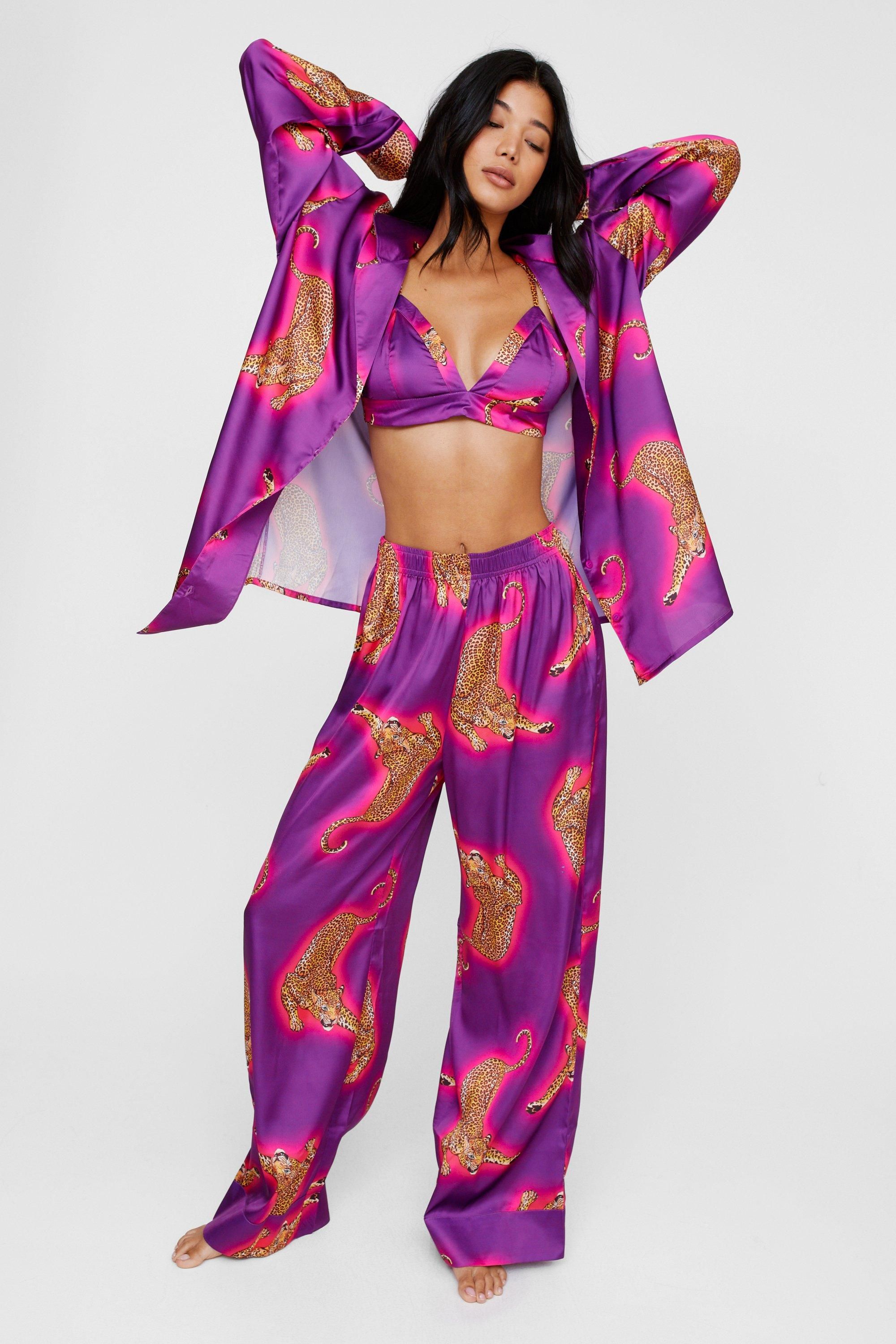 NastyGal Satin Leopard 3pc Shirt Bralette & Pants Pajama Set Purple image 1