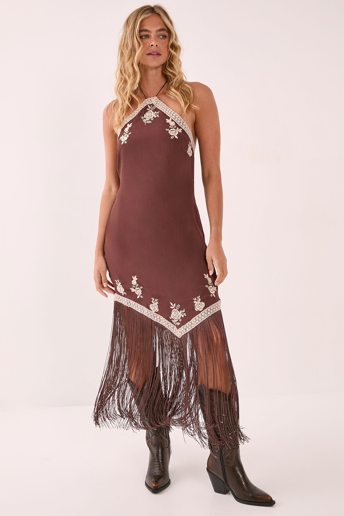 NastyGal Western Embroidered Halter Neck Fringe Mini Dress Chocolate image 1