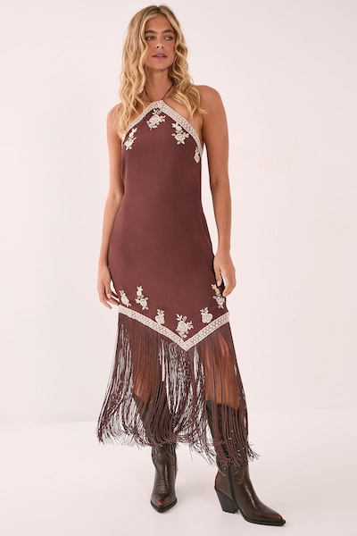 NastyGal Western Embroidered Halter Neck Fringe Mini Dress Chocolate