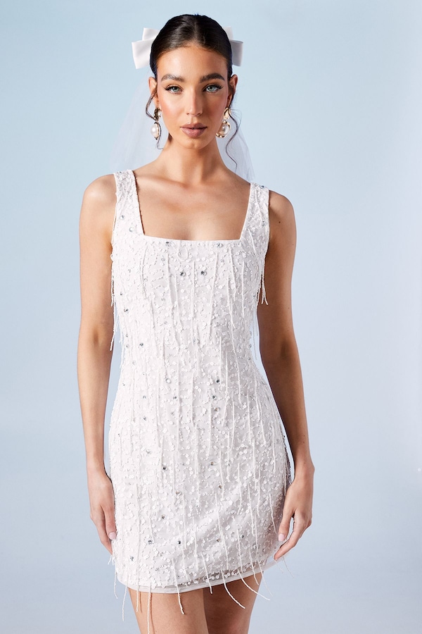 Coast Sequin And Fringe Embellished Bridal Mini Dress Ivory