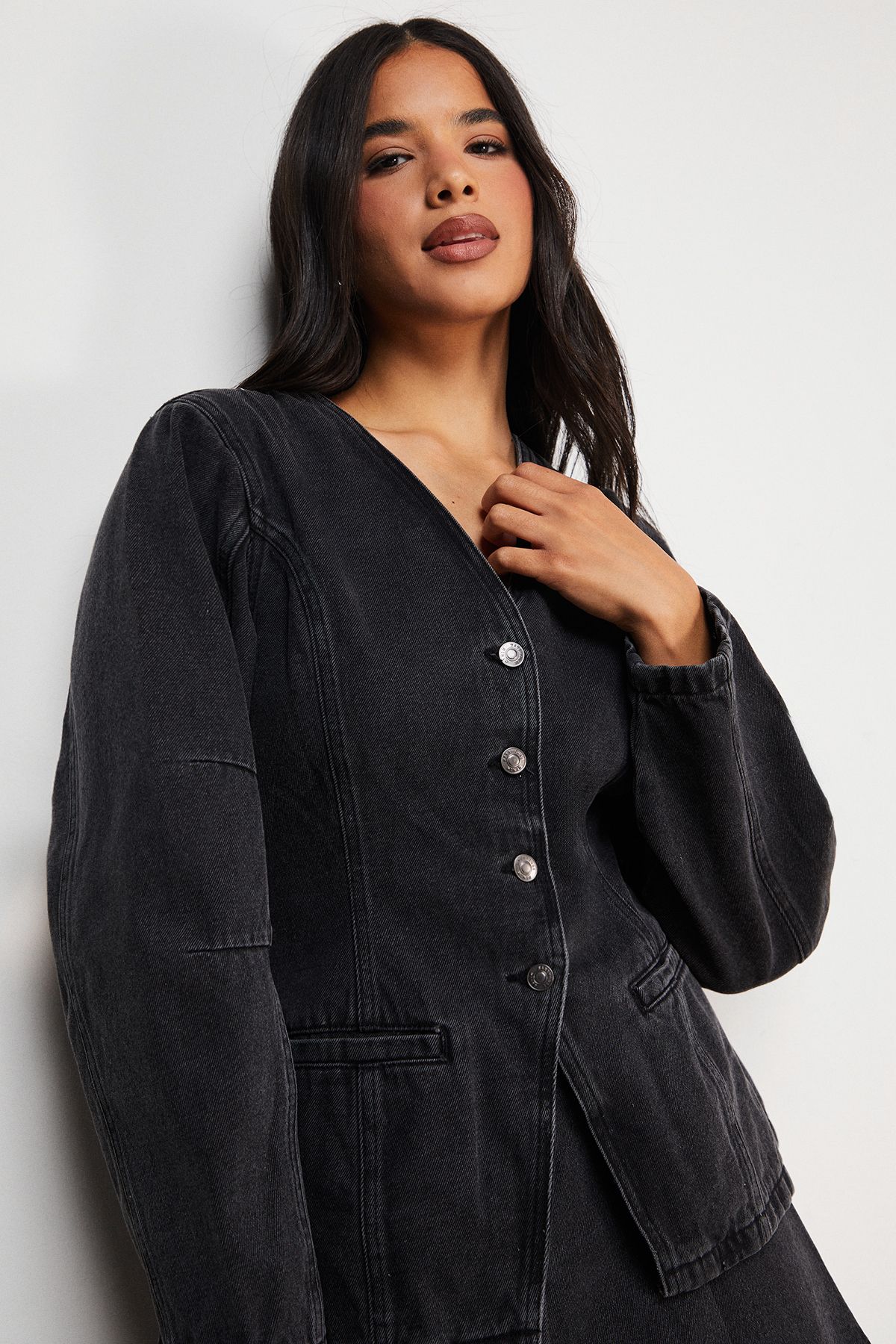 Warehouse Balloon Sleeve Nipped Waist Denim Jacket Washed Black image 4