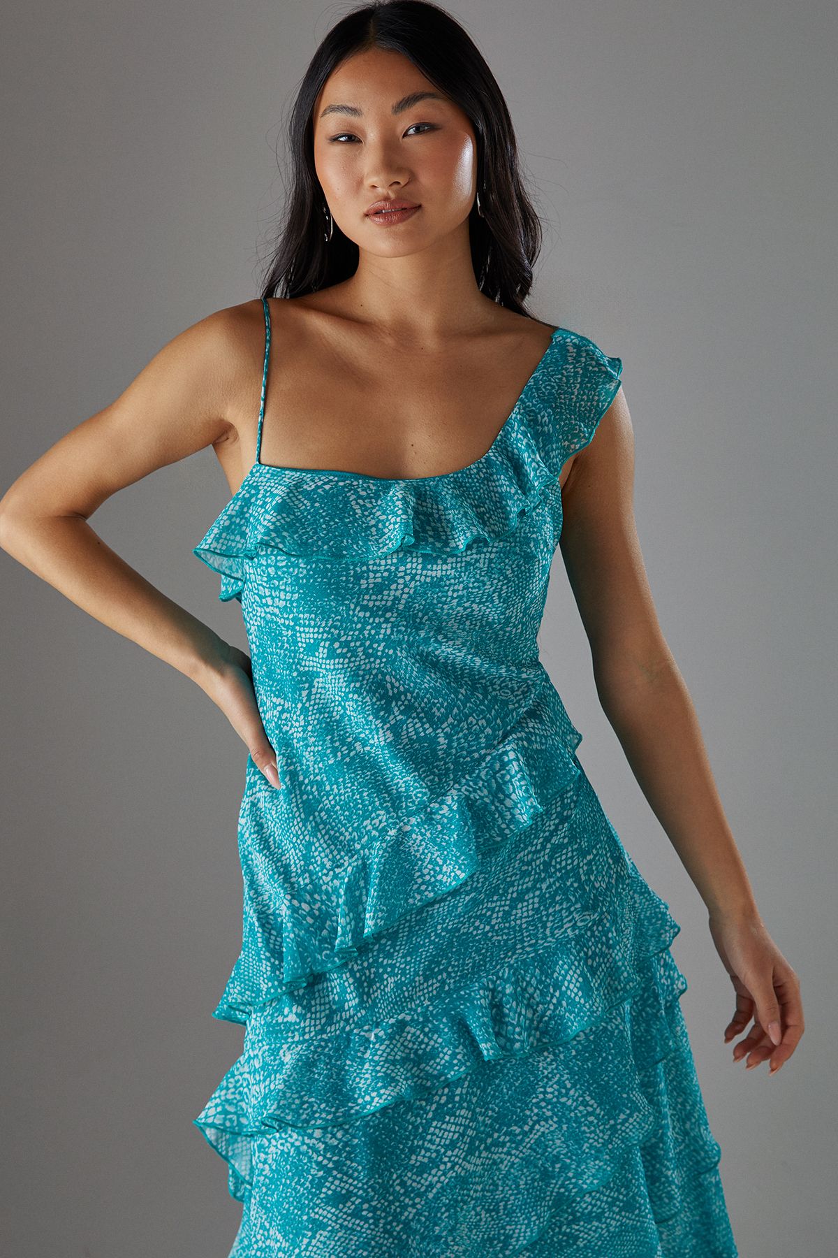 Warehouse Petite Chiffon Asymmetric Hem Ruffle Midi Slip Dress Blue image 2