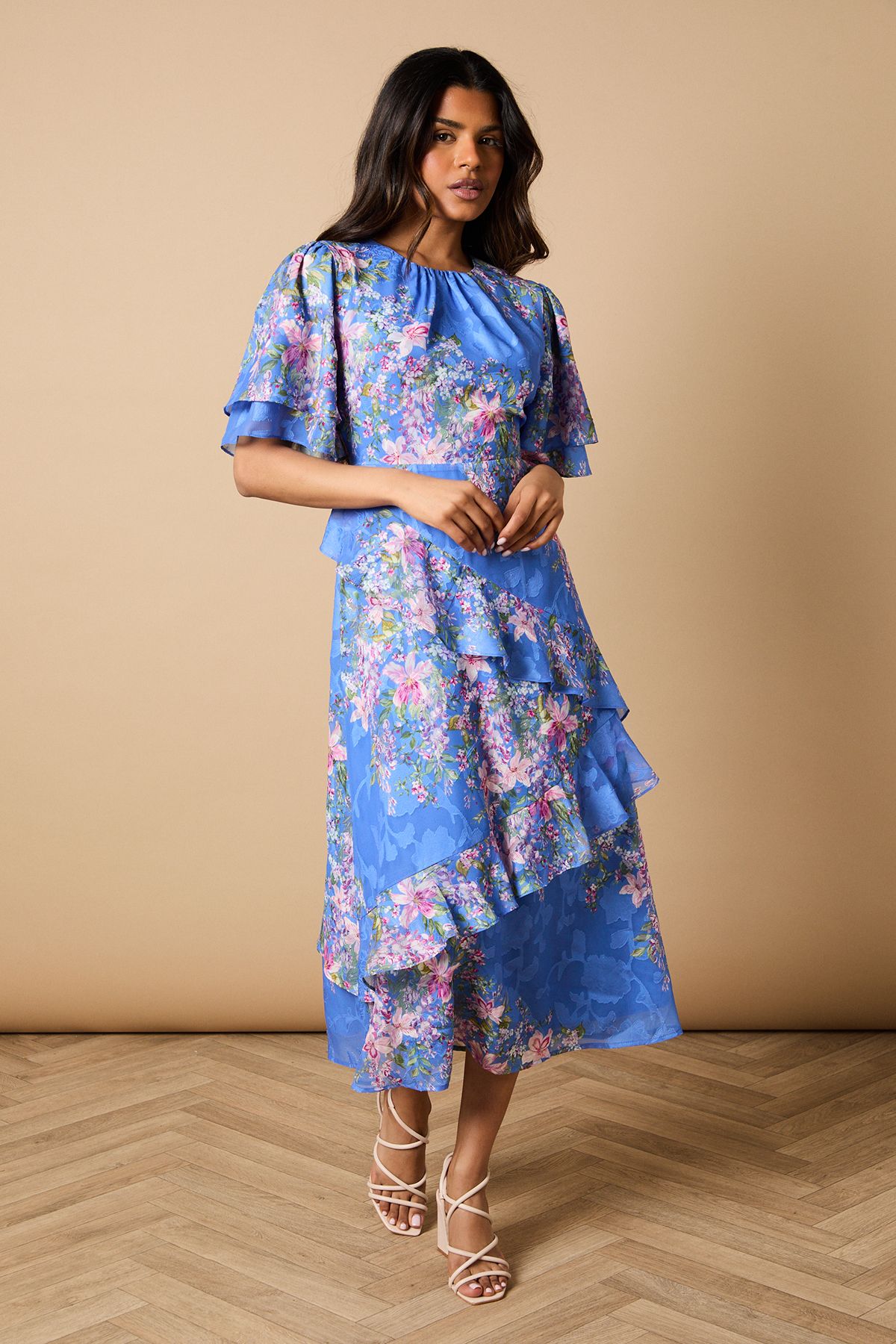 Oasis Petite Double Frill Satin Burnout Midi Dress Navy