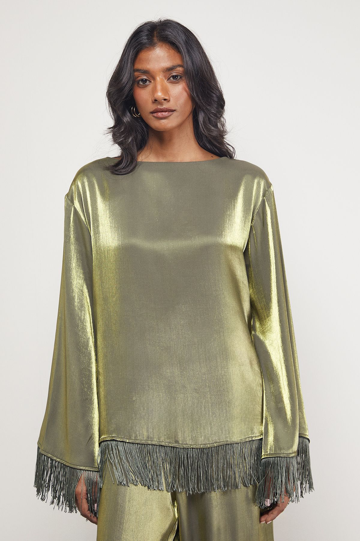 Warehouse Satin Fringe Hem Oversized Top Dark Olive image 4