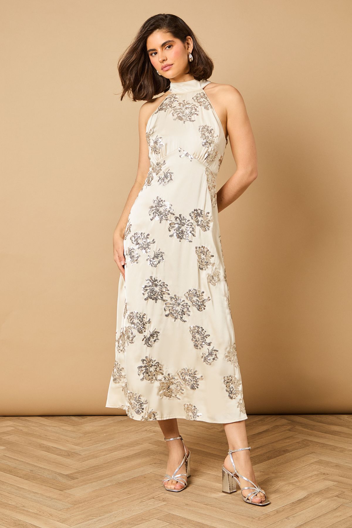 Oasis Sequin Bias Halterneck Midi Dress Champagne image 1