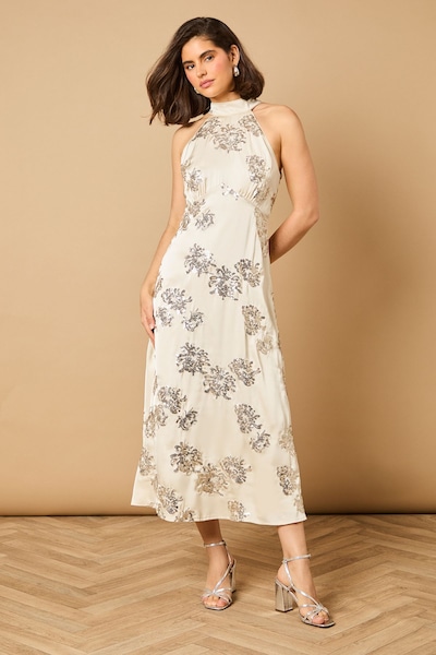 Oasis Sequin Bias Halterneck Midi Dress Champagne