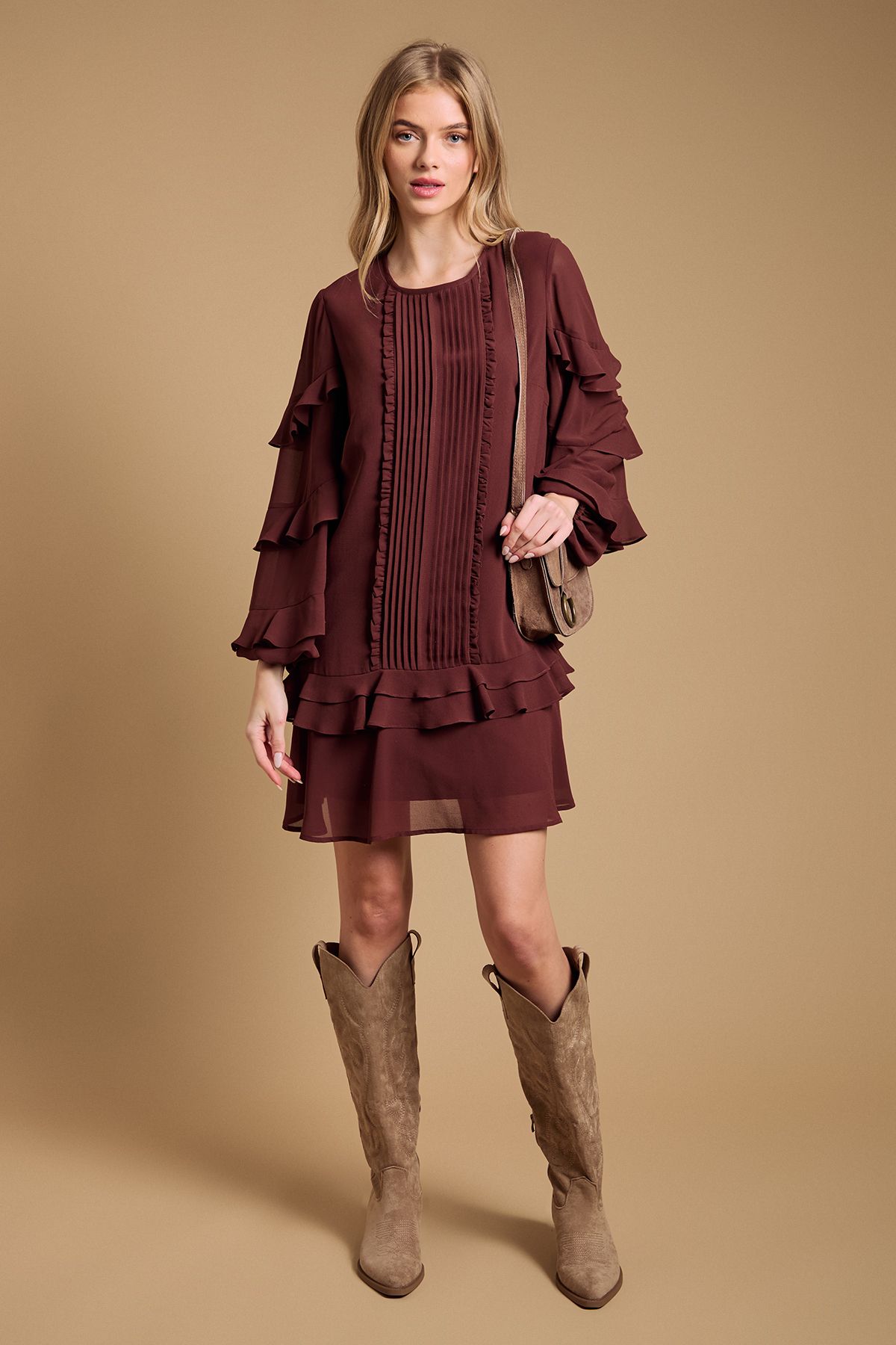 Oasis Ruffle Tiered Mini Dress Chocolate