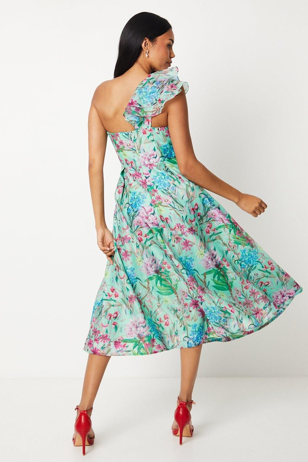 Coast Printed Organza One Shoulder Twist Front Midi Dress Green image 3