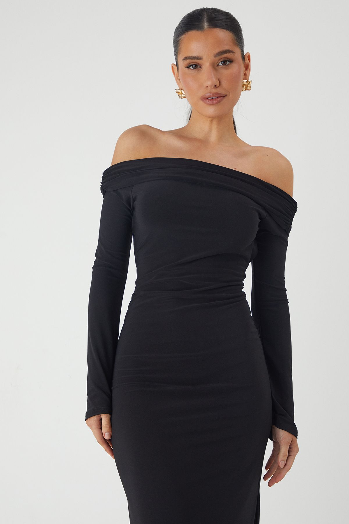 MissPap Bardot Fold Over Open Back Maxi Dress Black image 4