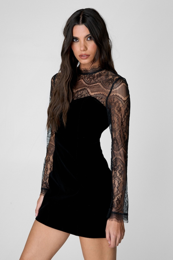 NastyGal Velvet Lace Sleeve Structured Mini Dress Black