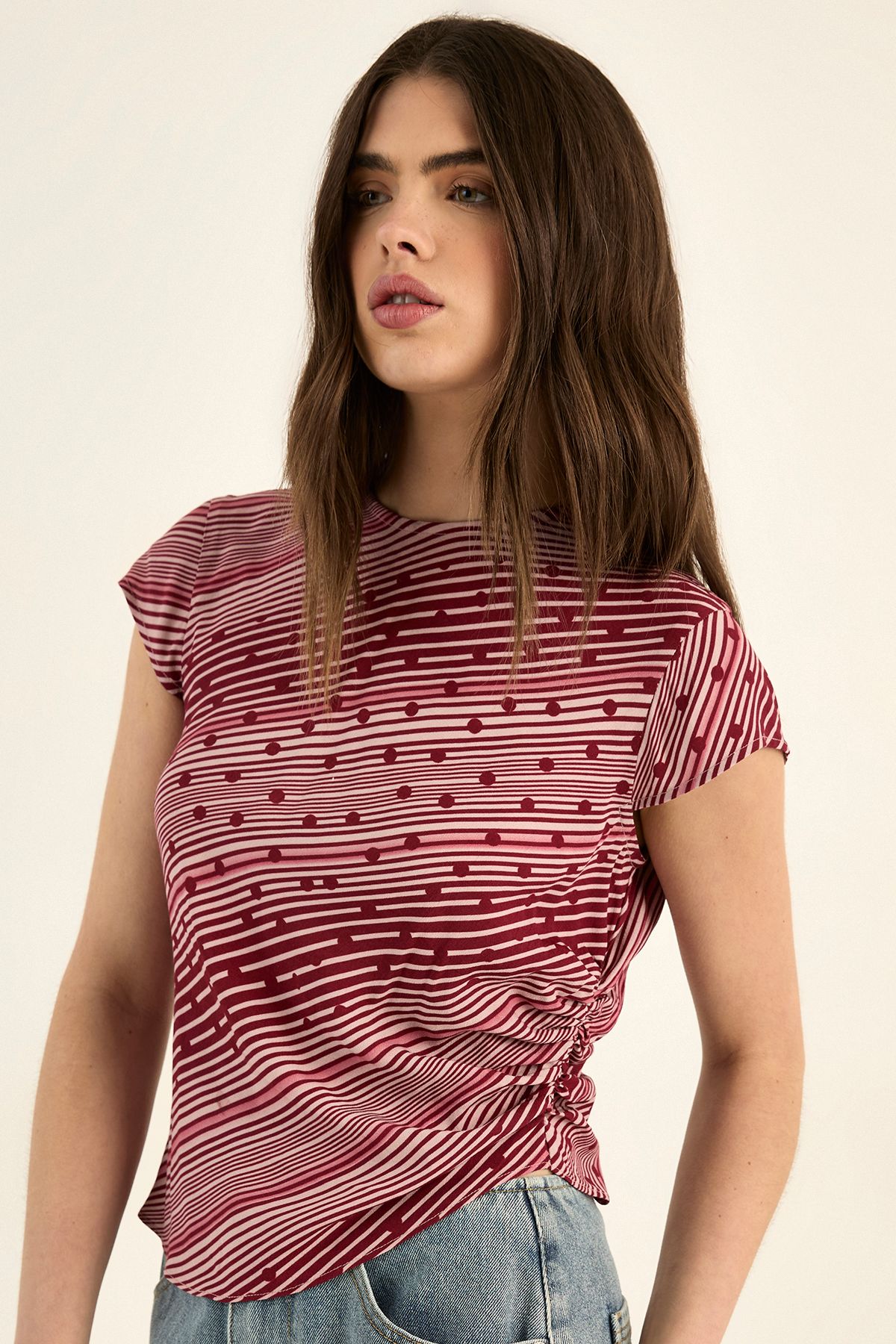 NastyGal Polka Dot Stripe Mix Cap Sleeve Asymmetric Top Red