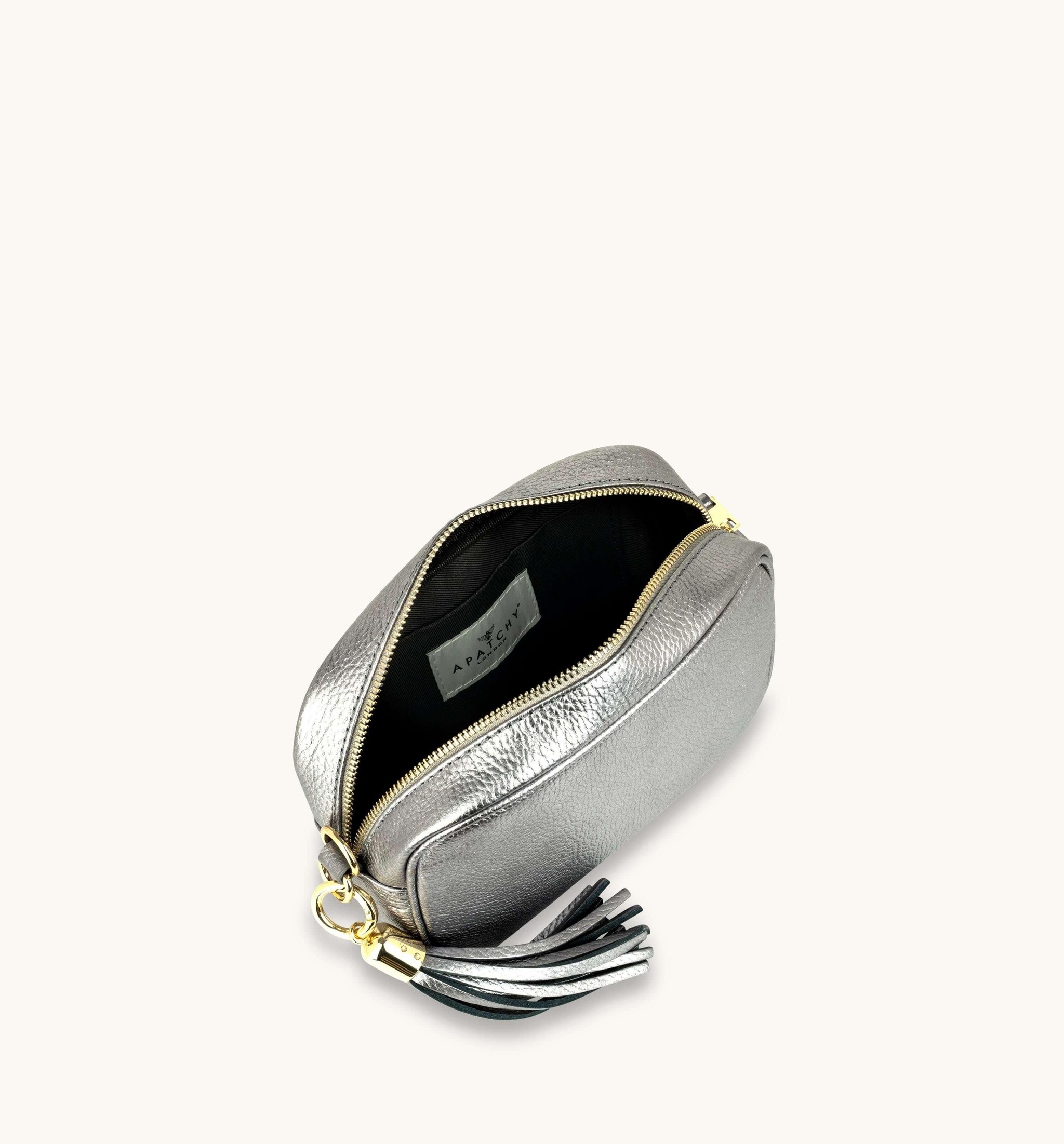 Apatchy London Pewter Leather Crossbody Bag With Black & Silver Chevron Strap image 5