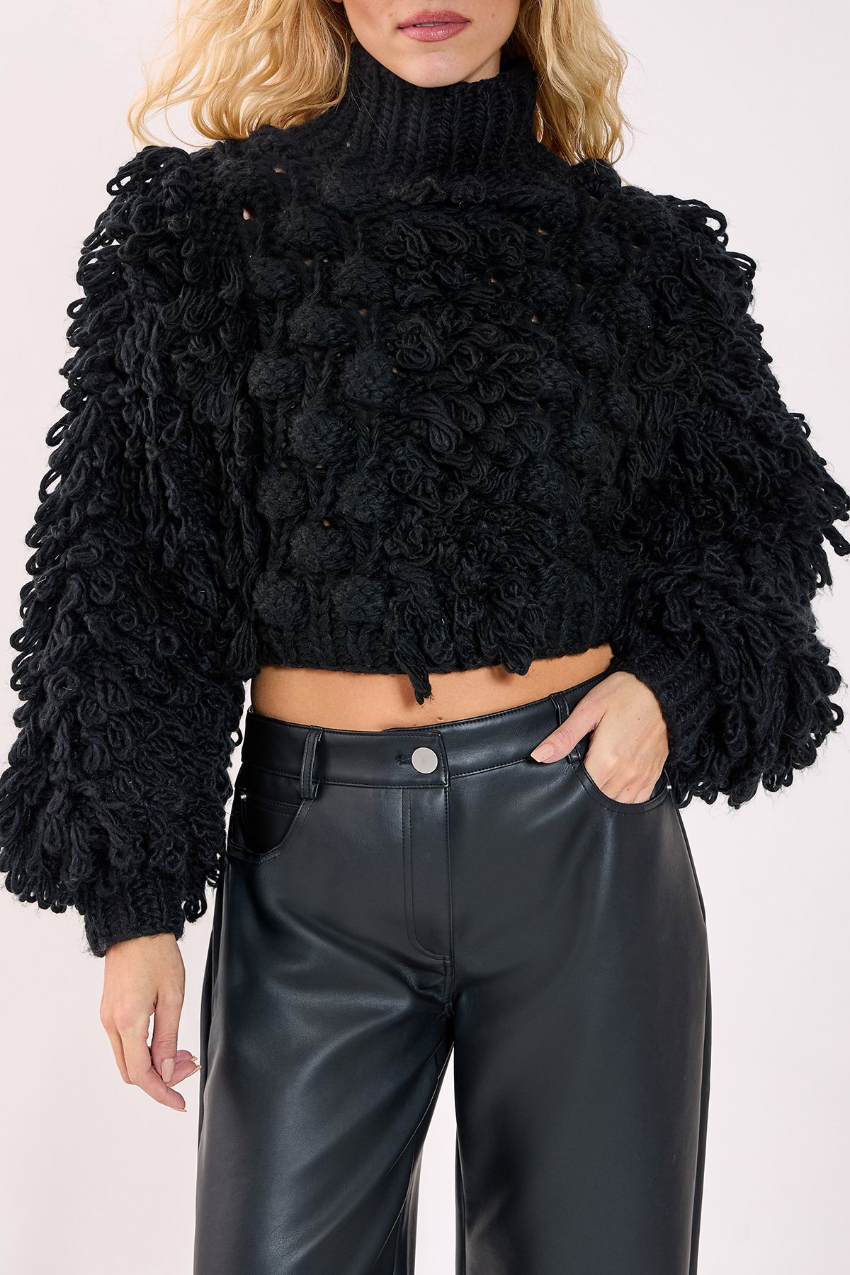 NastyGal Loopy Bobble Mix High Neck Cropped Jumper Black image 3