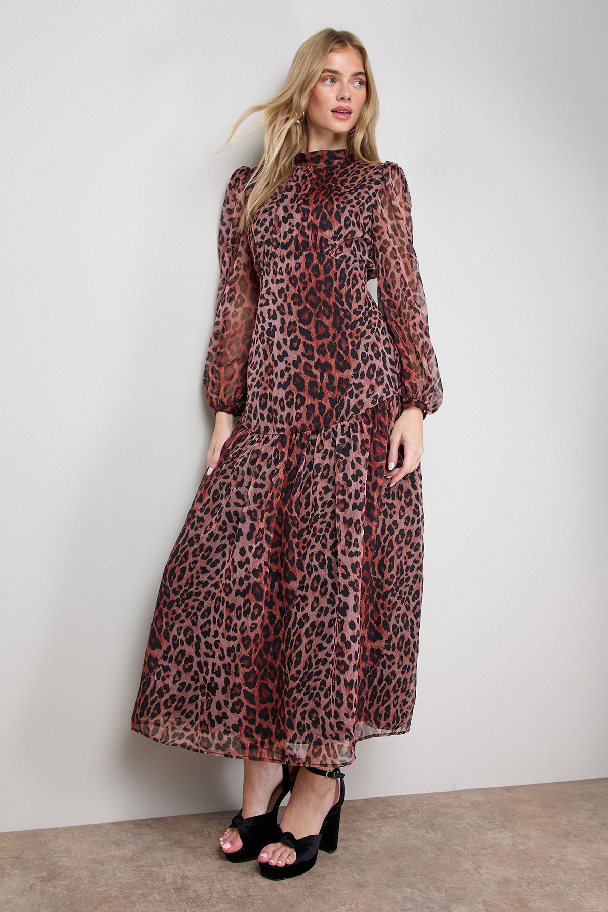 Oasis Printed Dropped Curved Waist Long Sleeve Maxi Dress Animal image 1