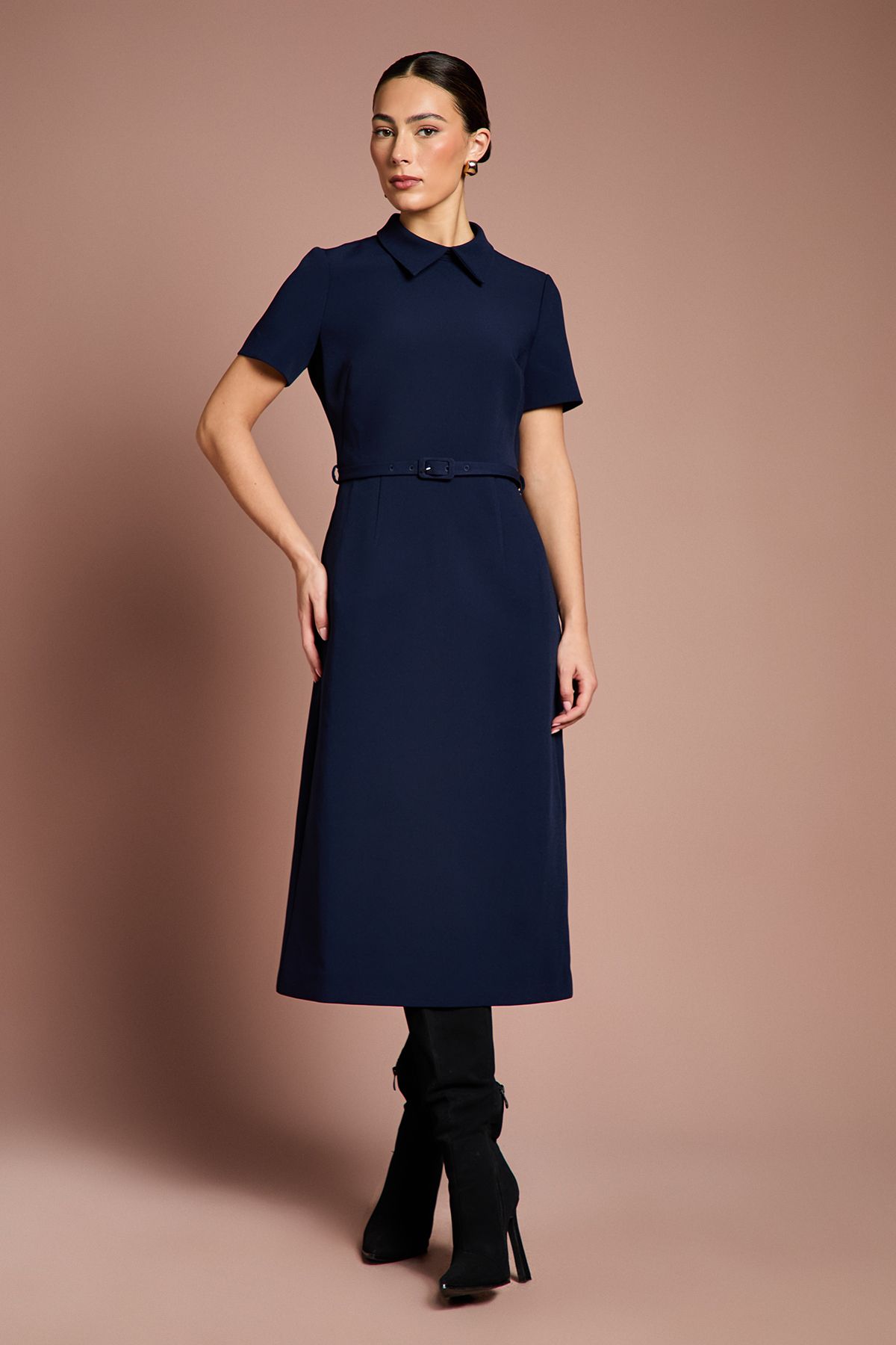 Coast Lisa Tan Belted Full Skirt Crepe Midi Dress Navy