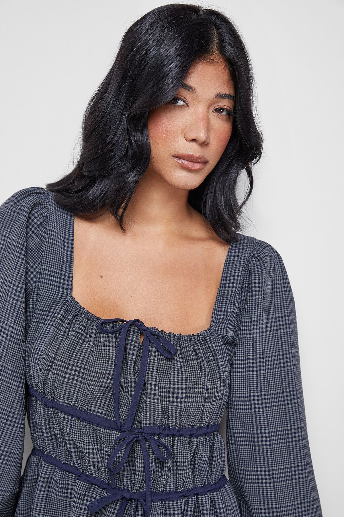 Warehouse Check Tie Front Square Midi Dress Khaki image 4