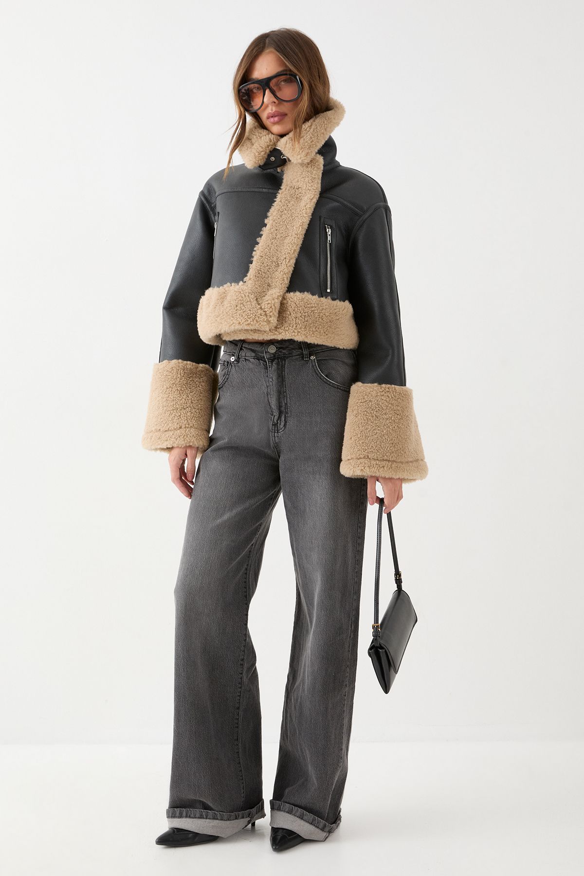 MissPap PU Fur Trim Aviator Jacket Black image 1