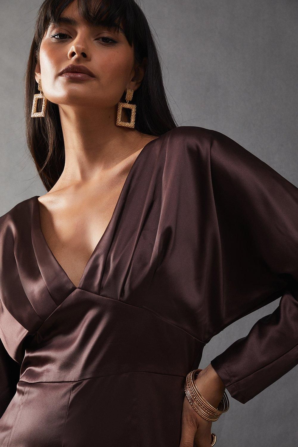 Warehouse Satin Batwing Wide Leg Jumpsuit Chocolate image 4