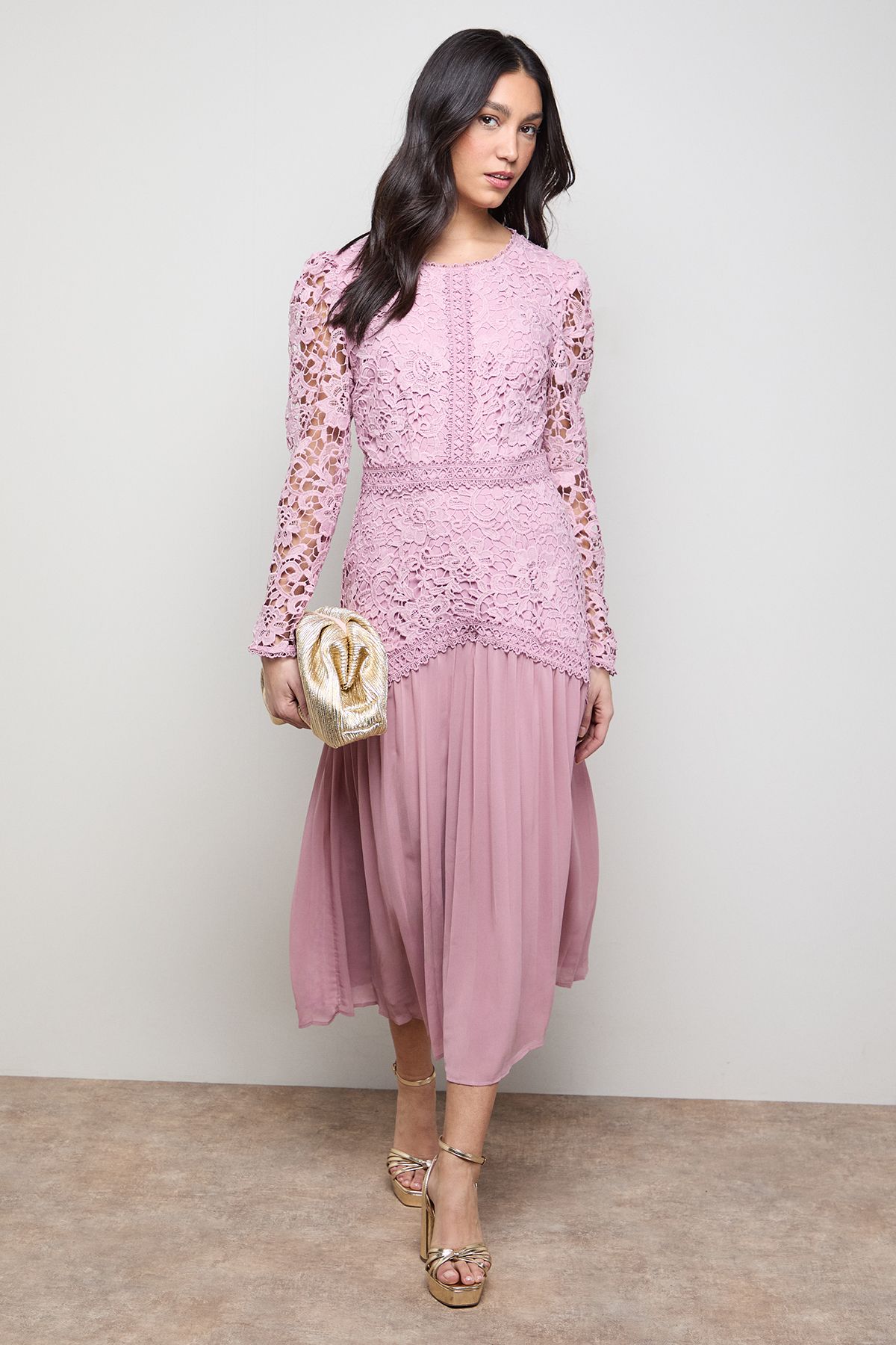 Oasis Lace Bodice Pleated Skirt Long Sleeve Midi Dress Pale Pink image 1