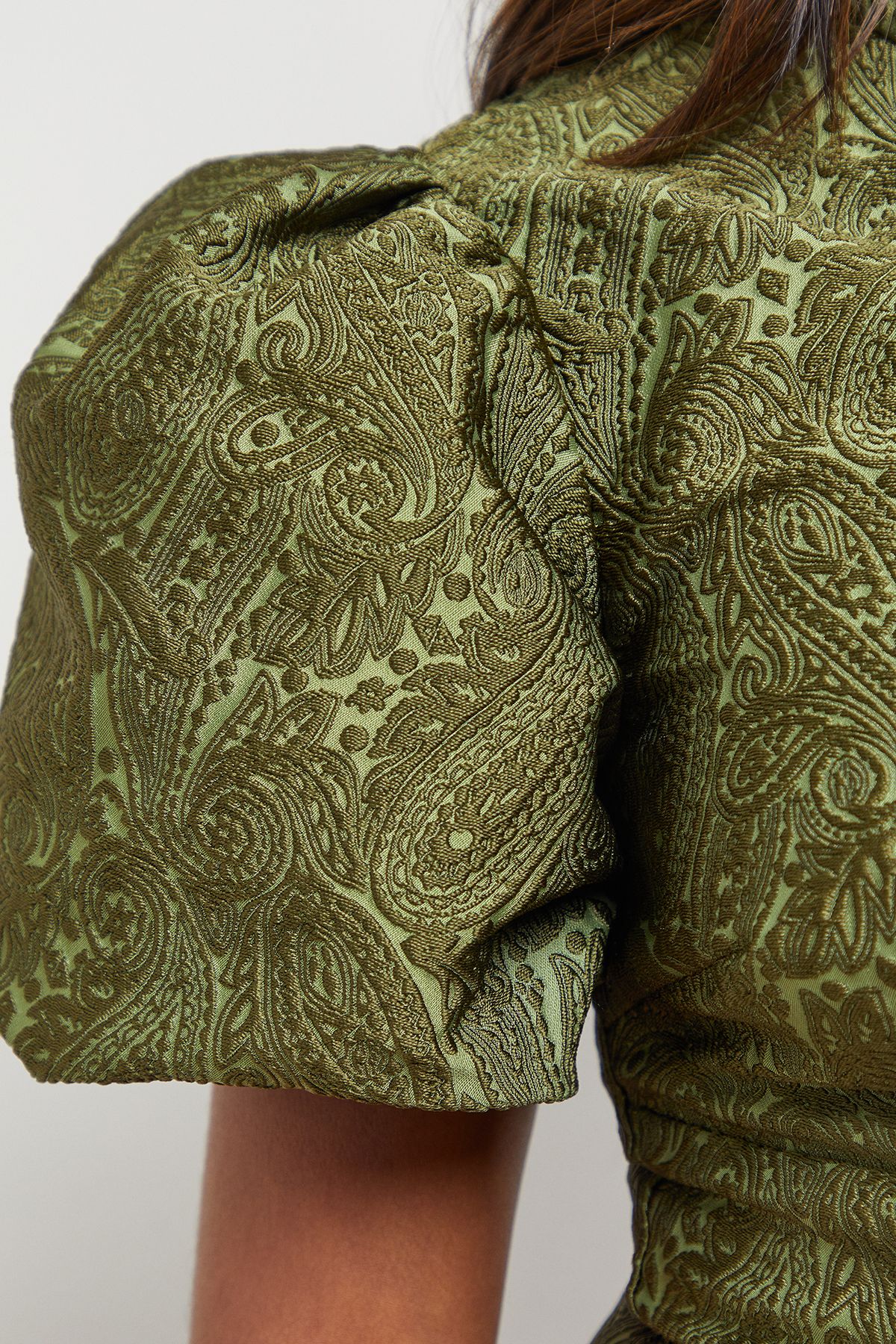 Oasis Paisley Jacquard Puff Sleeve Mini Dress Khaki image 5