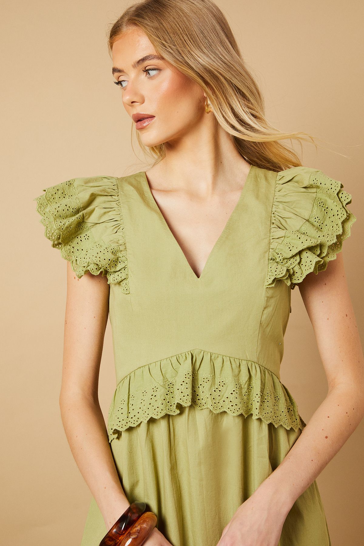 Oasis Broderie Panel Ruffle Maxi Dress Khaki image 3