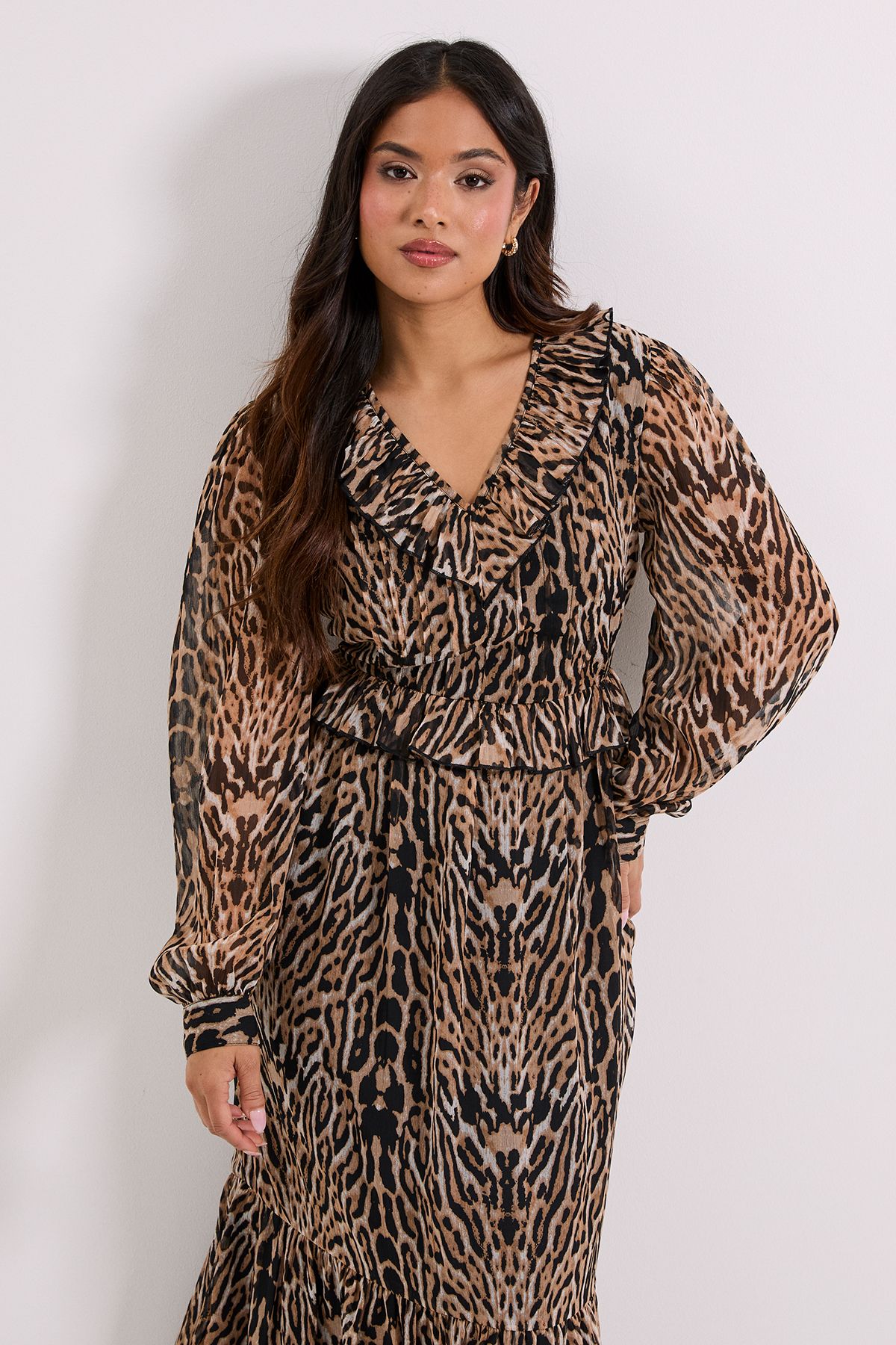 Dorothy Perkins Petite Leopard Pleat Bodice Ruffle Neck Blouson Sleeve Midaxi Dress Leopard image 2