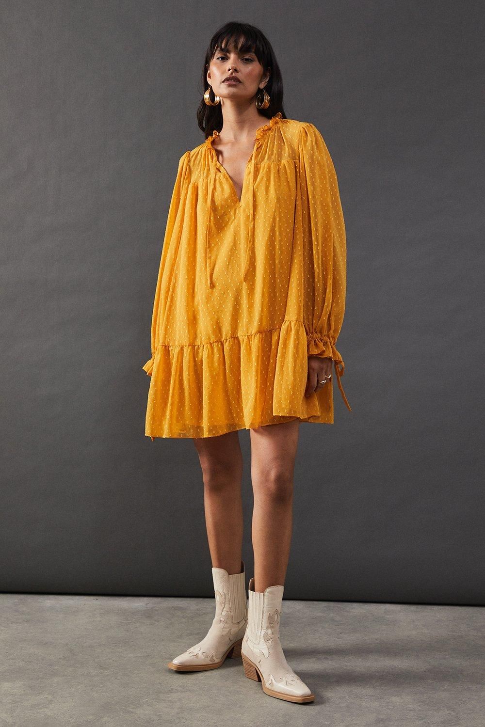 Warehouse Dobby Chiffon Tie Neck Drop Hem Mini Smock Dress Yellow image 2