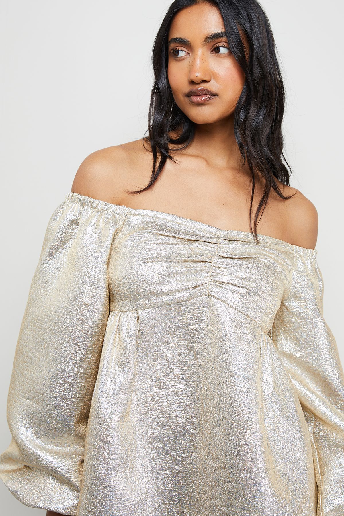 Warehouse Metallic Jacquard Bardot Balloon Sleeve Mini Dress Multi image 4