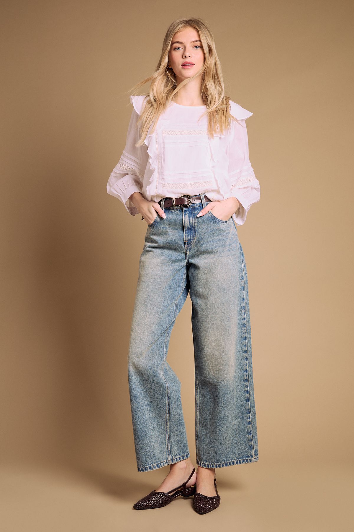 Oasis Brandie Faux Leather Woven Slingback Pointed Flat Shoes Chocolate image 2