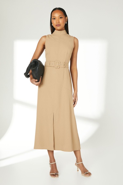 Principles Seam Detail Belted Midi Dress Camel