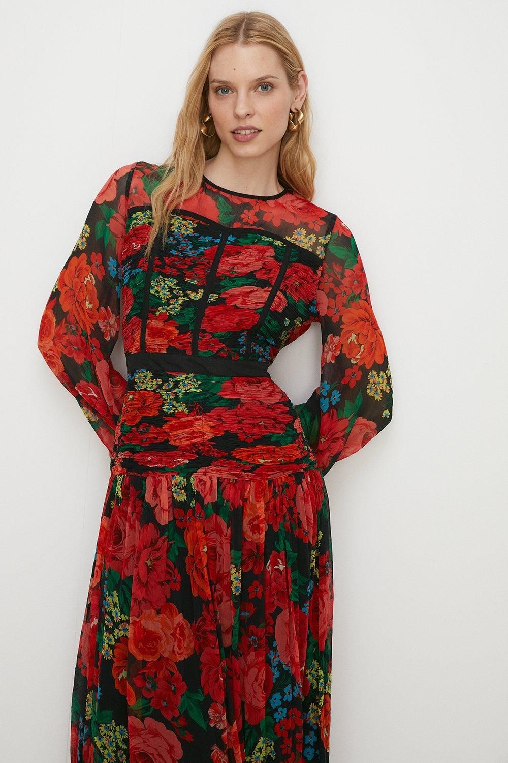 Oasis Contrast Ruched Floral Chiffon Maxi Dress Berry image 1