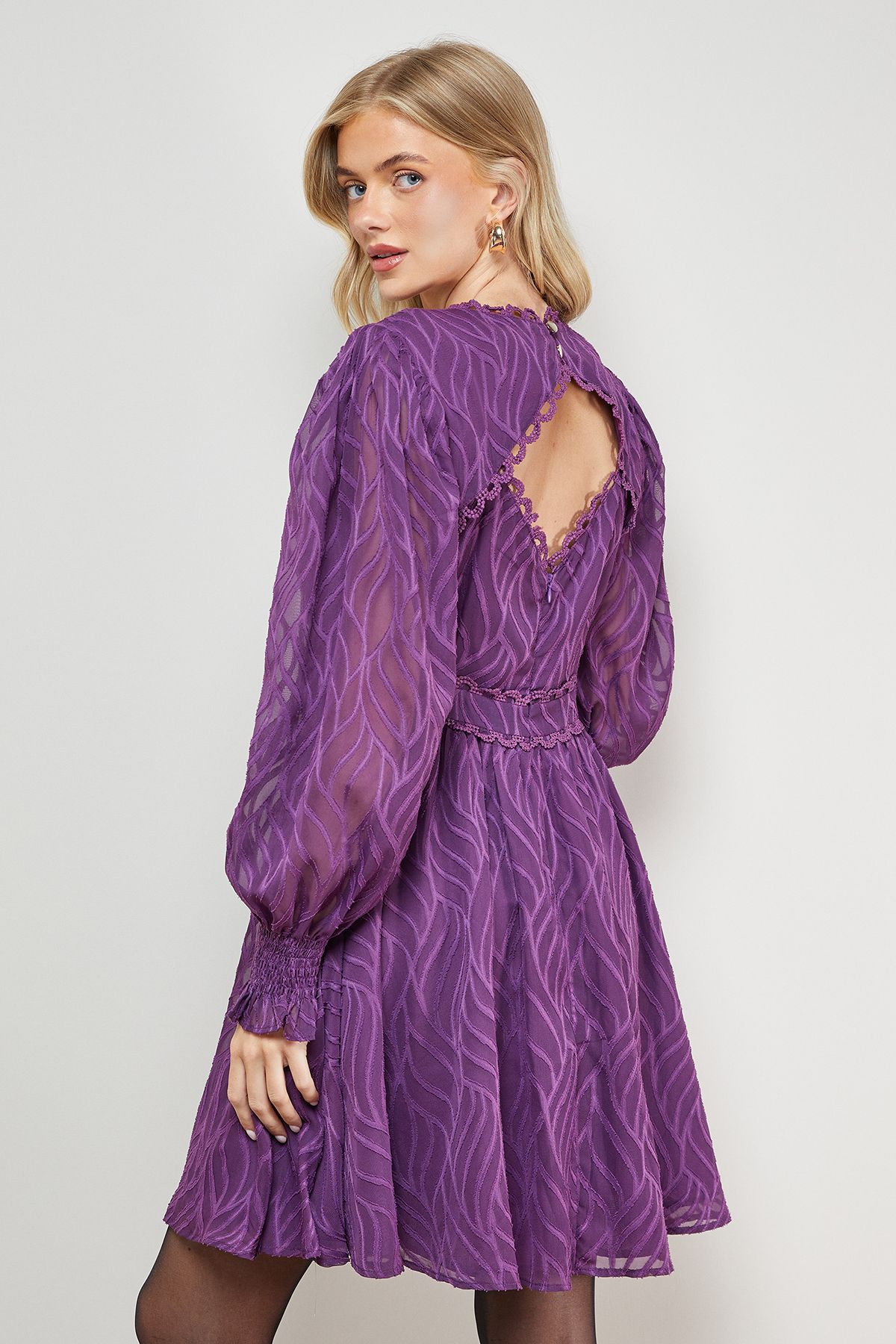 Oasis Animal Jacquard Trim Detail Balloon Sleeve Mini Dress Purple image 4
