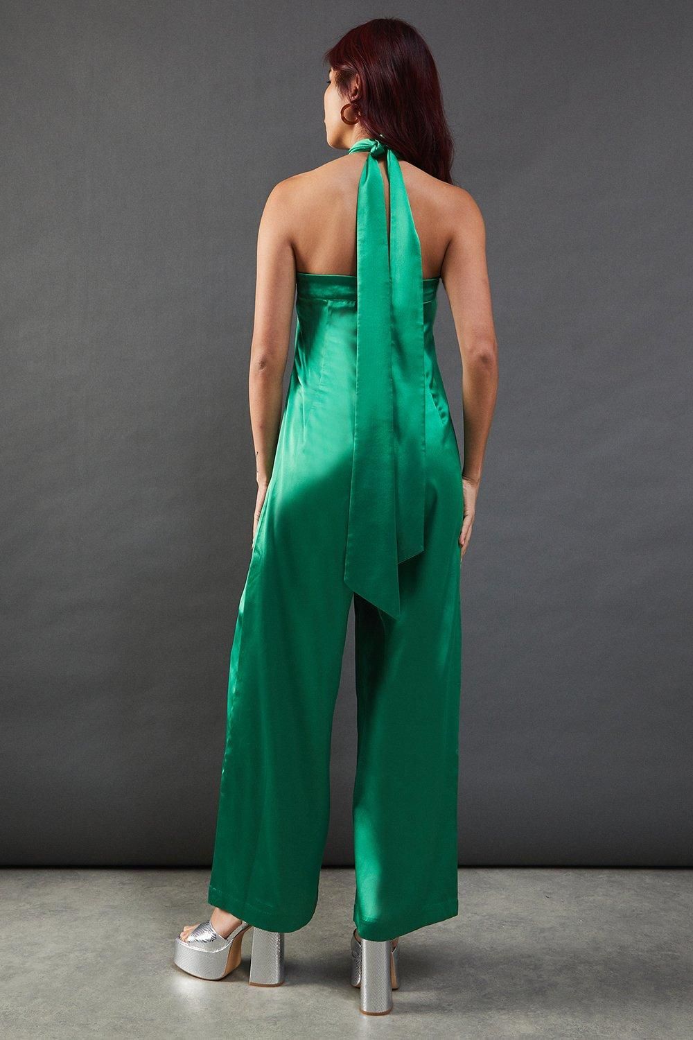 Warehouse Satin Halterneck Jumpsuit Green image 3