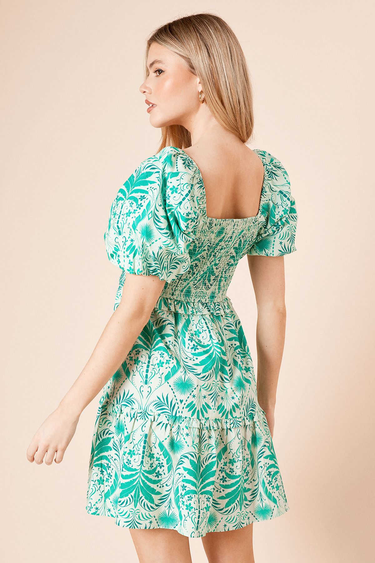 Dorothy Perkins Green Palm Shirred Bodice Mini Dress Green image 3