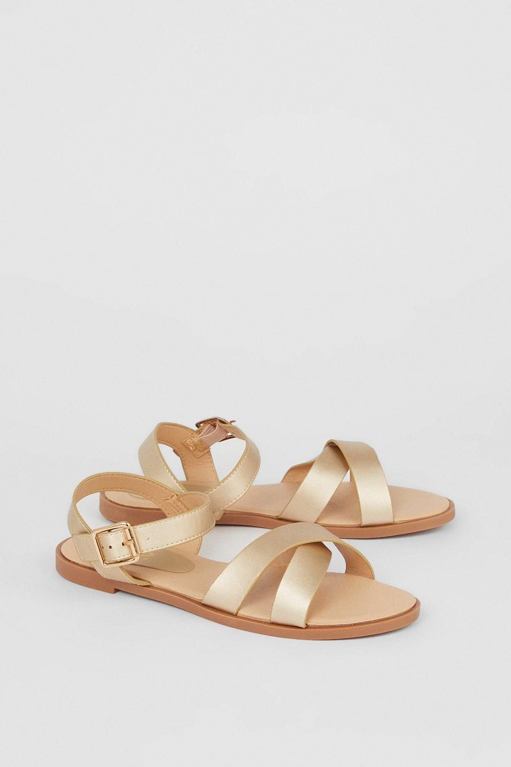 Dorothy Perkins Florence Faux Leather Cross Strap Flat Sandals Gold image 3