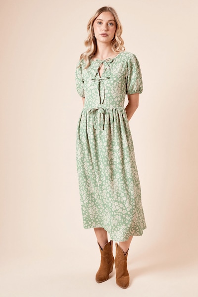 Dorothy Perkins Green Ditsy Bow Tie Front Puff Sleeve Jersey Midi Dress Green