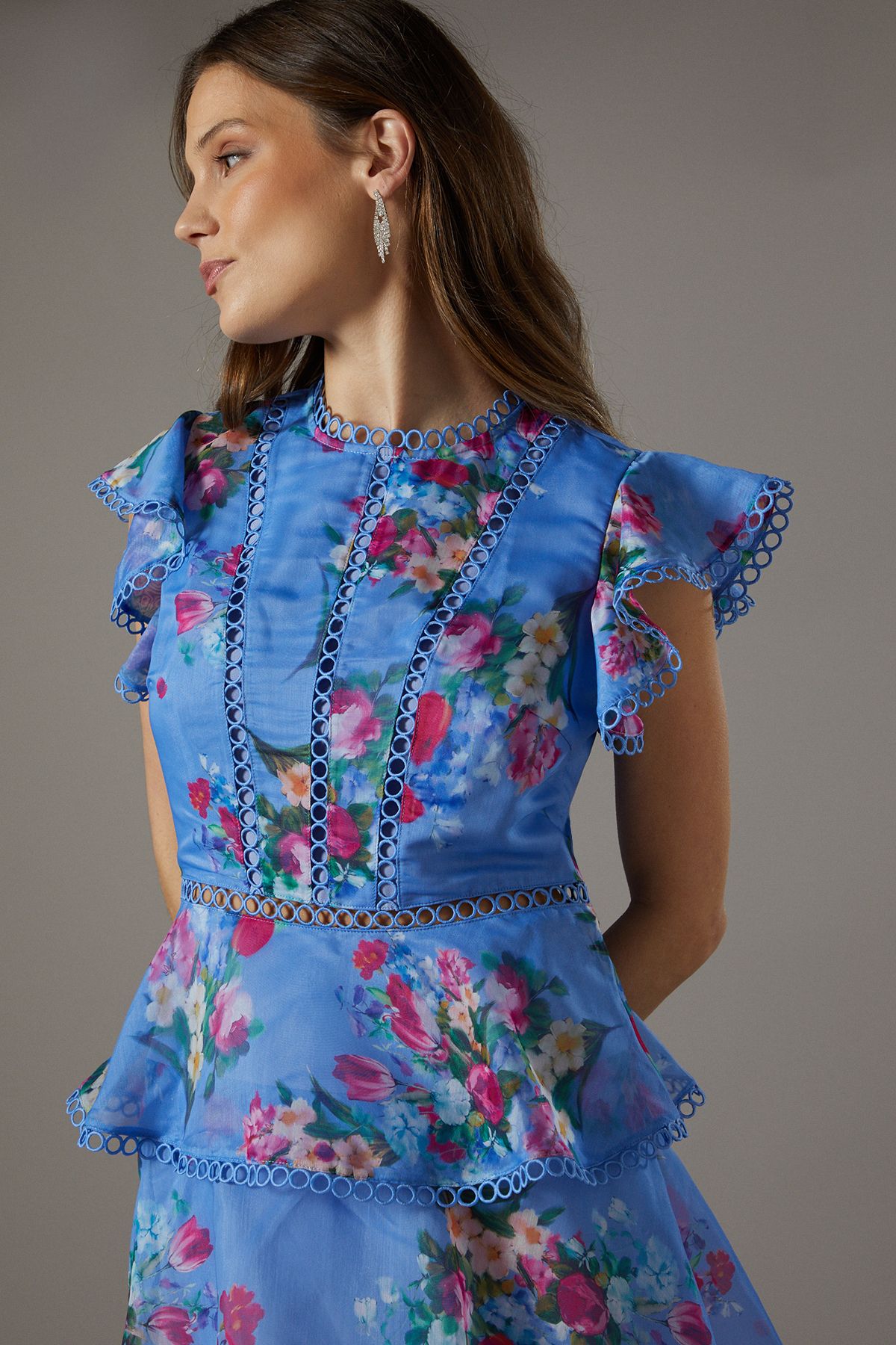 Coast Lace Trim Tiered Organza Midi Dress Blue image 4