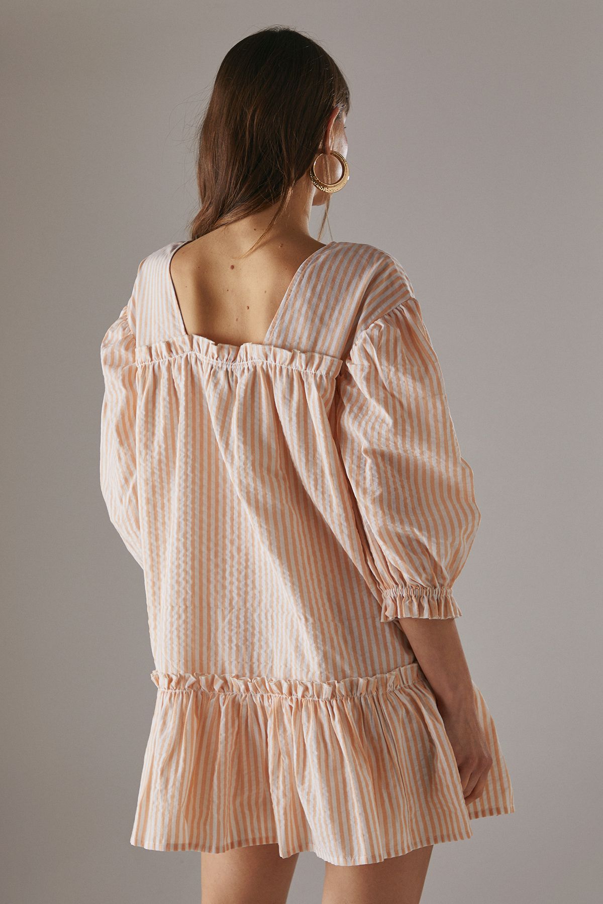 Warehouse Seersucker Check Frill Balloon Sleeve Mini Smock Dress Yellow image 3