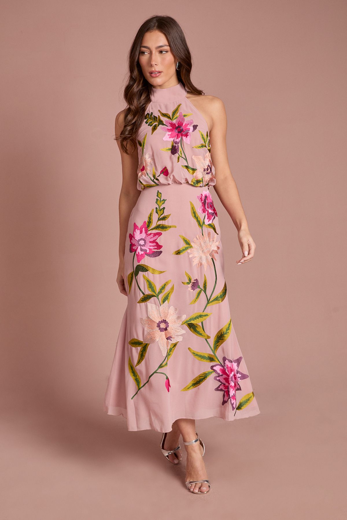 Coast High Neck Midi Dress With Floral Embroidery Blush