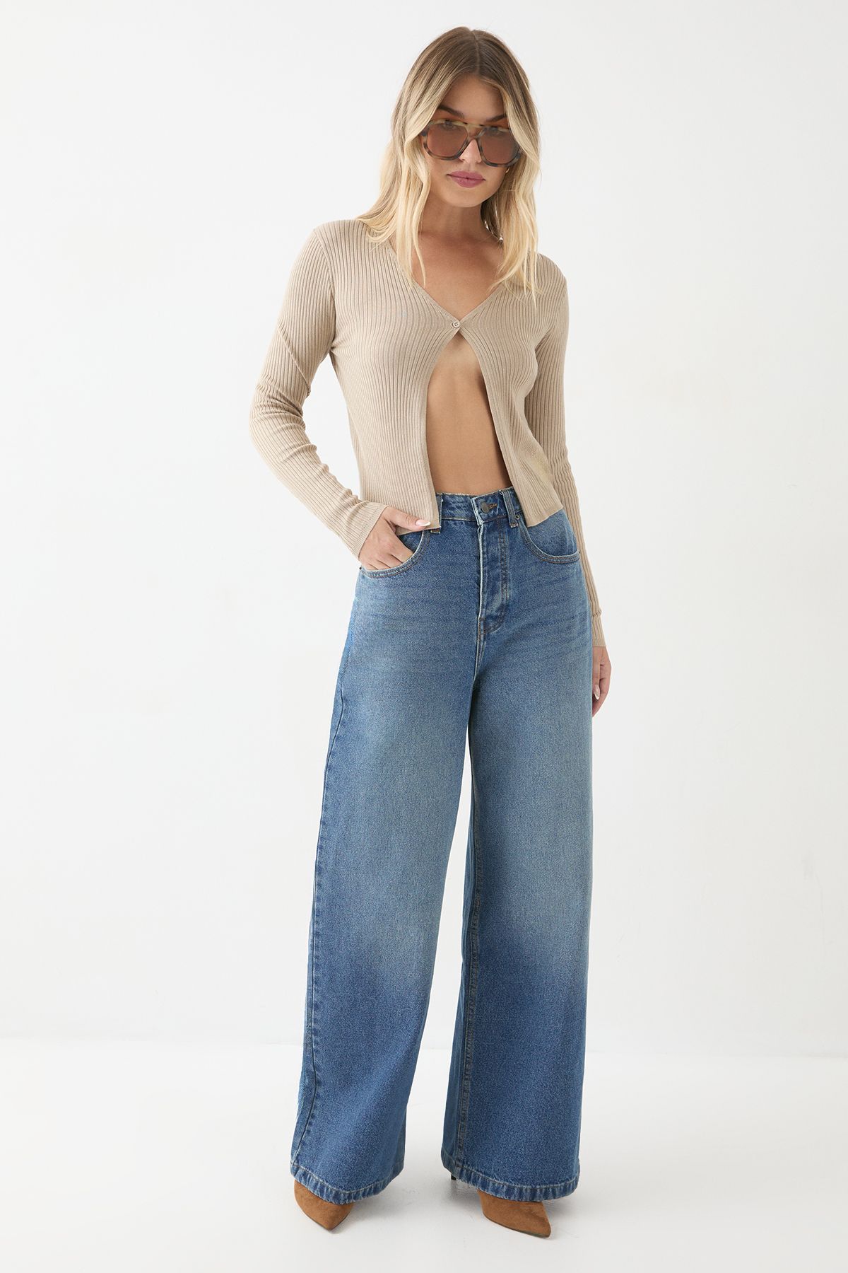 MissPap Rib Knit Button Front Top Mocha image 2